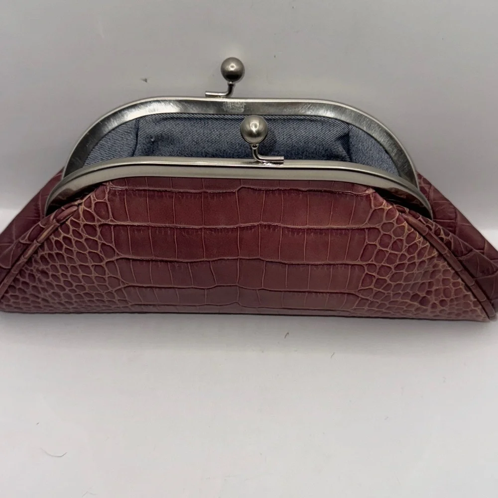 Christopher Kon  Brown Leather crocodile embossed  kiss lock  Clutch